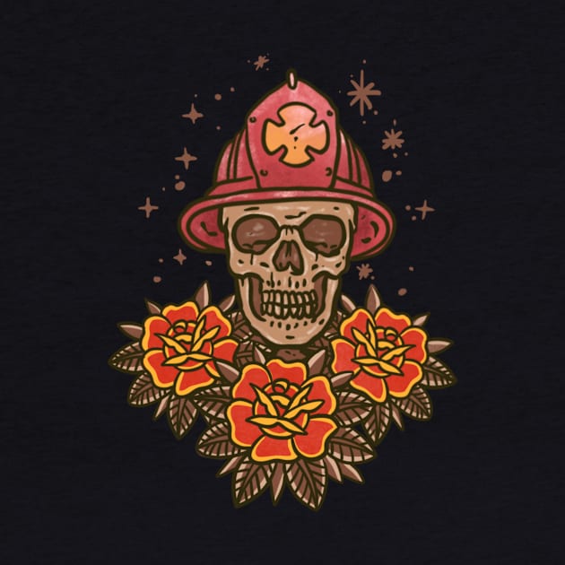 Skull firefighter with helmet and roses by ManikCreative 